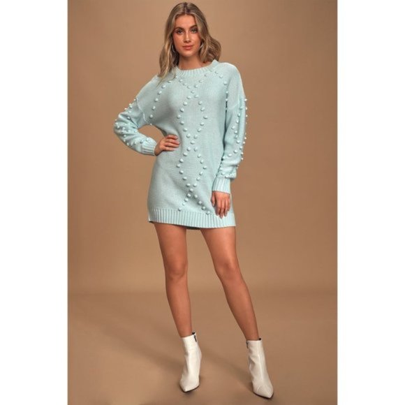 Pom Reader Light Blue Knit Pom Pom Sweater Dress - Picture 4 of 7